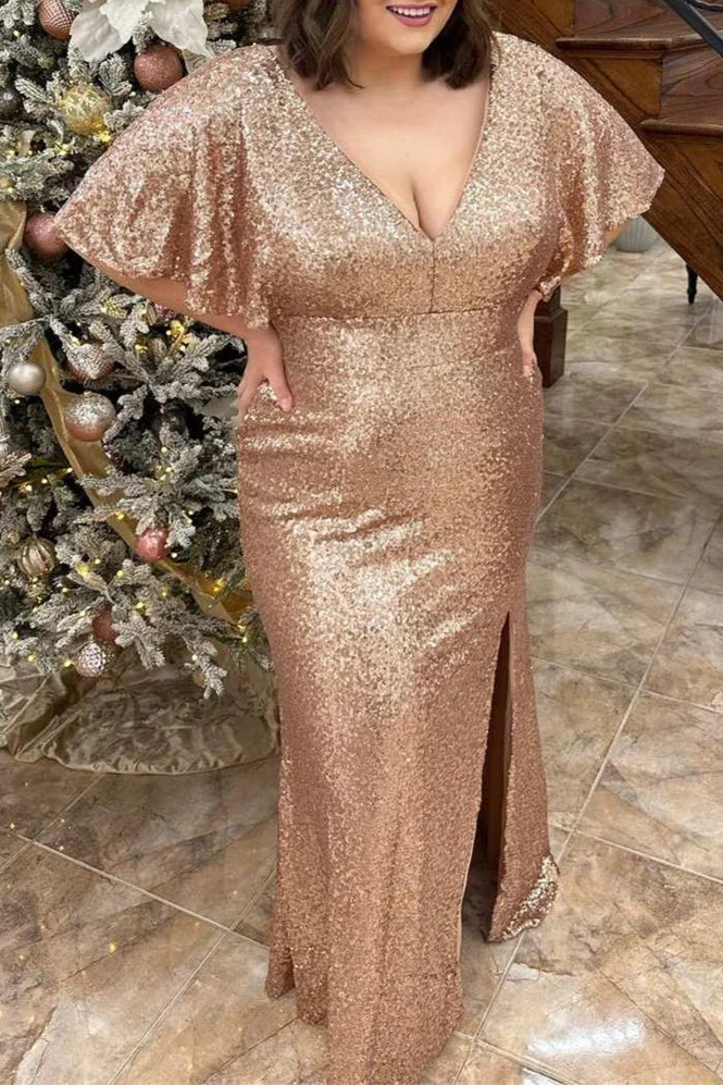 Champagne Sequins V-Neck Short Sleeves Ruffles Floor Length Long Formal Dress With Slit