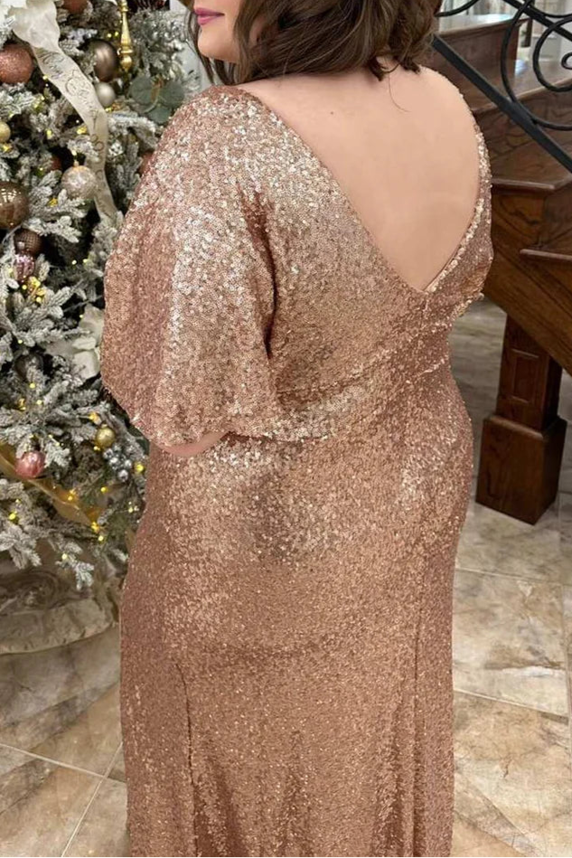 Champagne Sequins V-Neck Short Sleeves Ruffles Floor Length Long Formal Dress With Slit