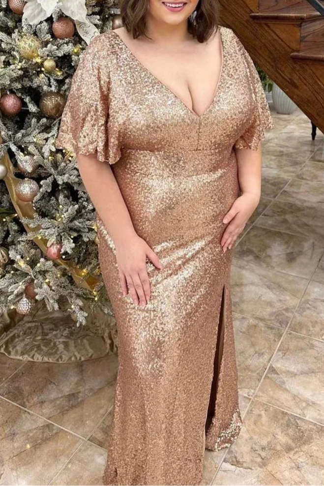 Champagne Sequins V-Neck Short Sleeves Ruffles Floor Length Long Formal Dress With Slit