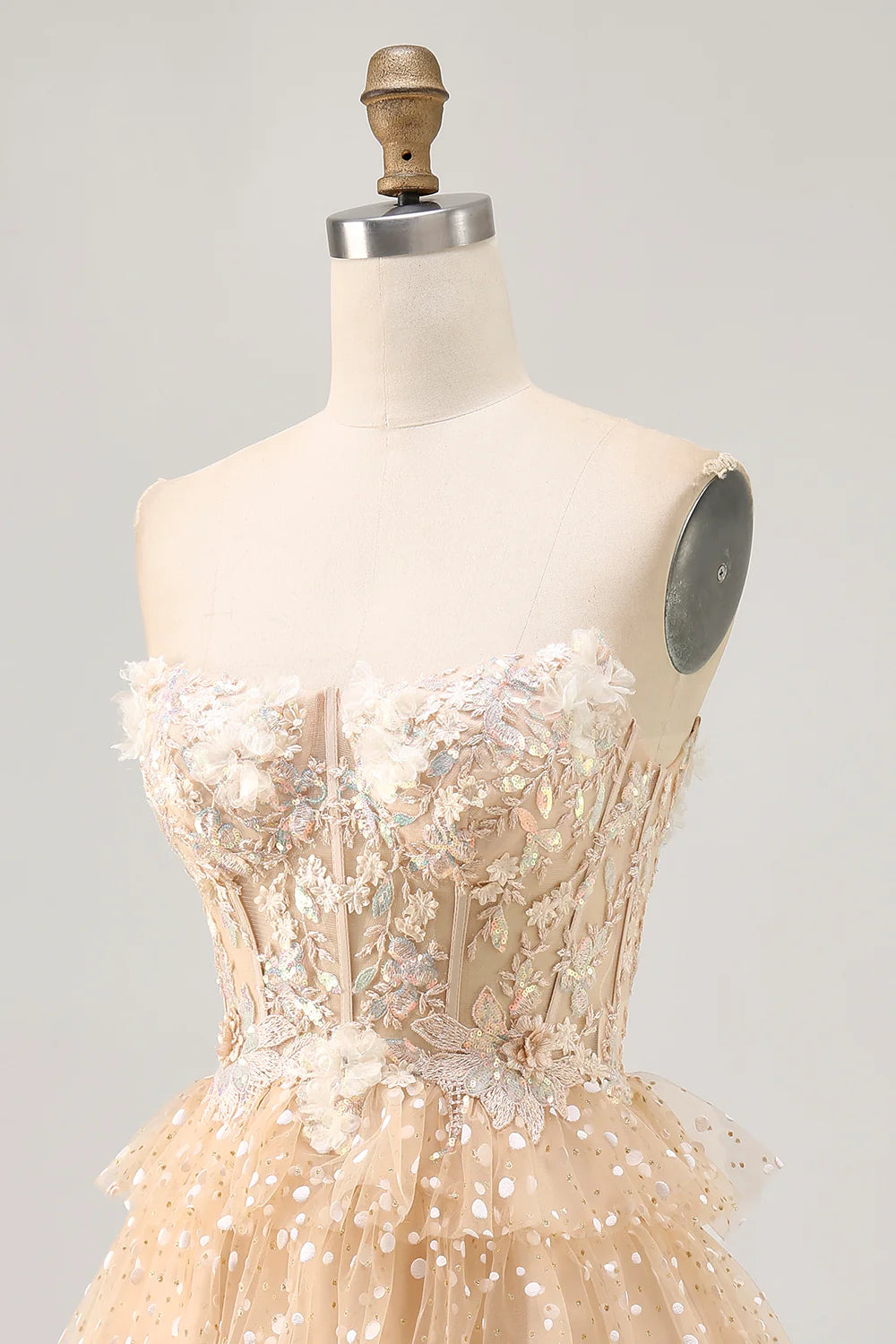 Champagne Sequins With Applique A Line Strapless Polka Dot Tiered Corset Homecoming Dress