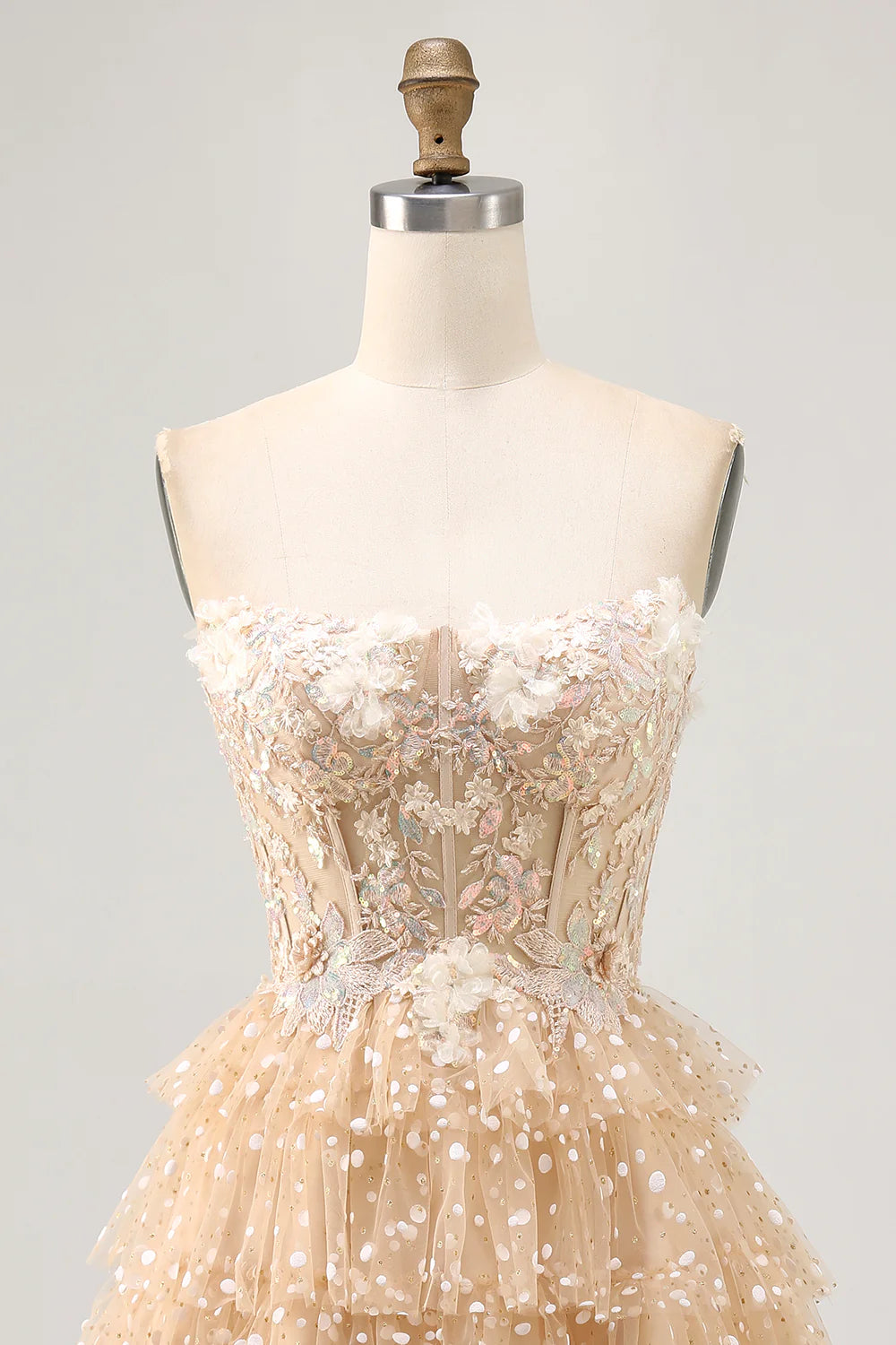 Champagne Sequins With Applique A Line Strapless Polka Dot Tiered Corset Homecoming Dress
