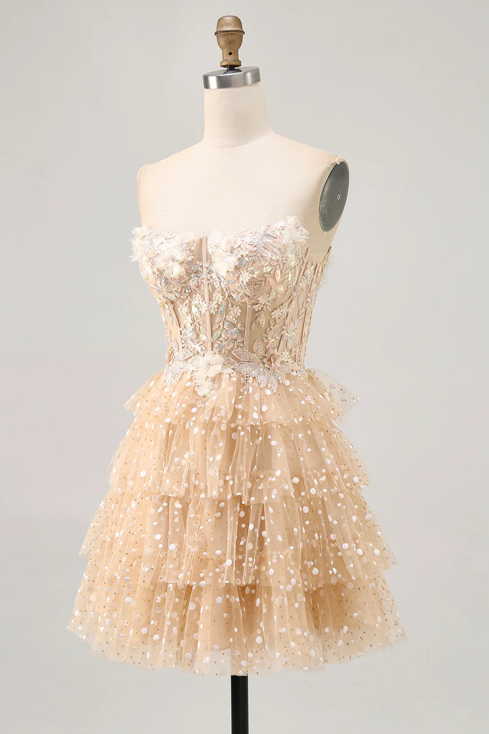 Champagne Sequins With Applique A Line Strapless Polka Dot Tiered Corset Homecoming Dress