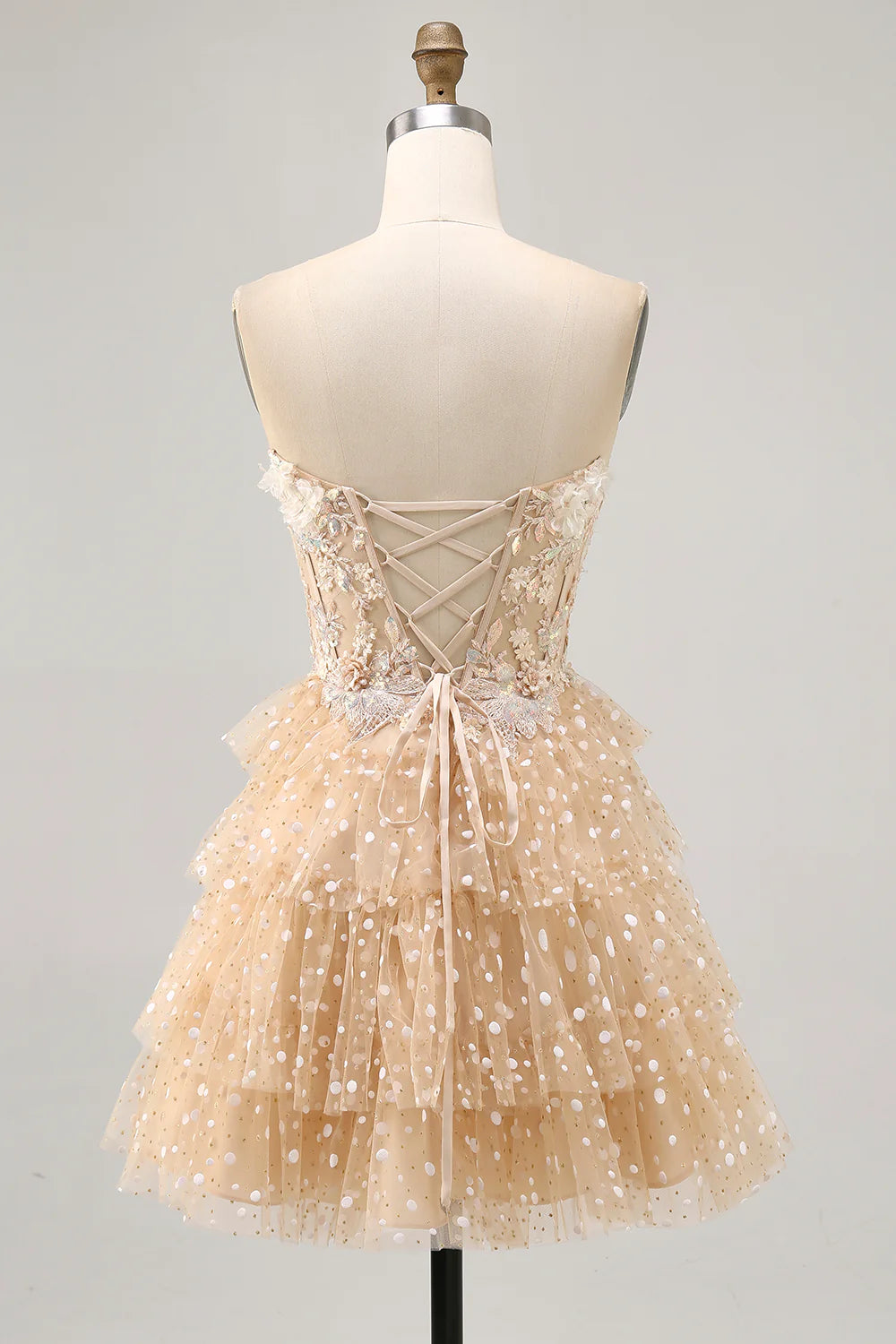 Champagne Sequins With Applique A Line Strapless Polka Dot Tiered Corset Homecoming Dress