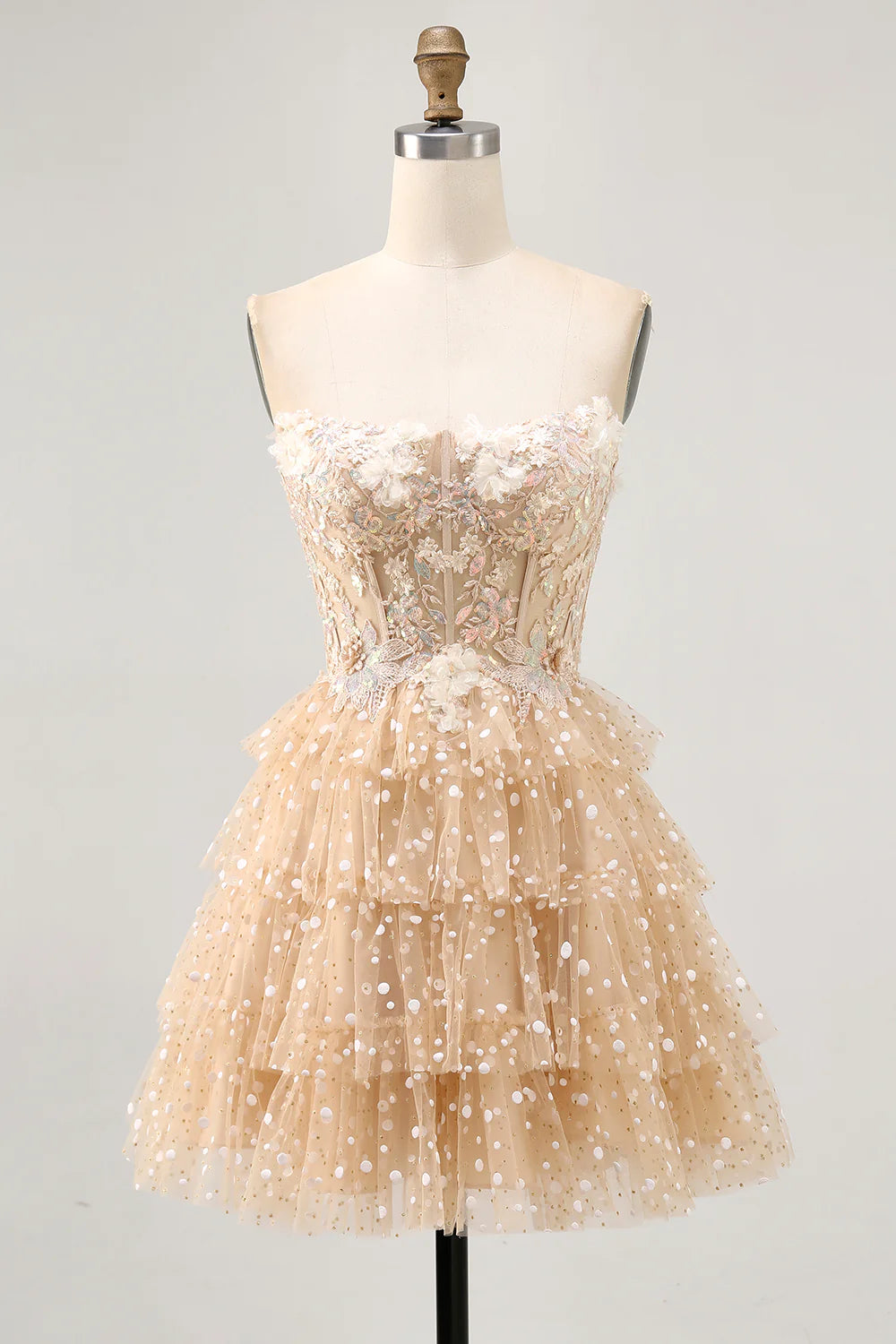 Champagne Sequins With Applique A Line Strapless Polka Dot Tiered Corset Homecoming Dress