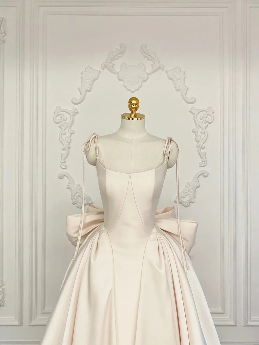 Champagne Spaghetti Strap Satin A-Line Long Prom Dress Formal Evening Dress WIth Bow