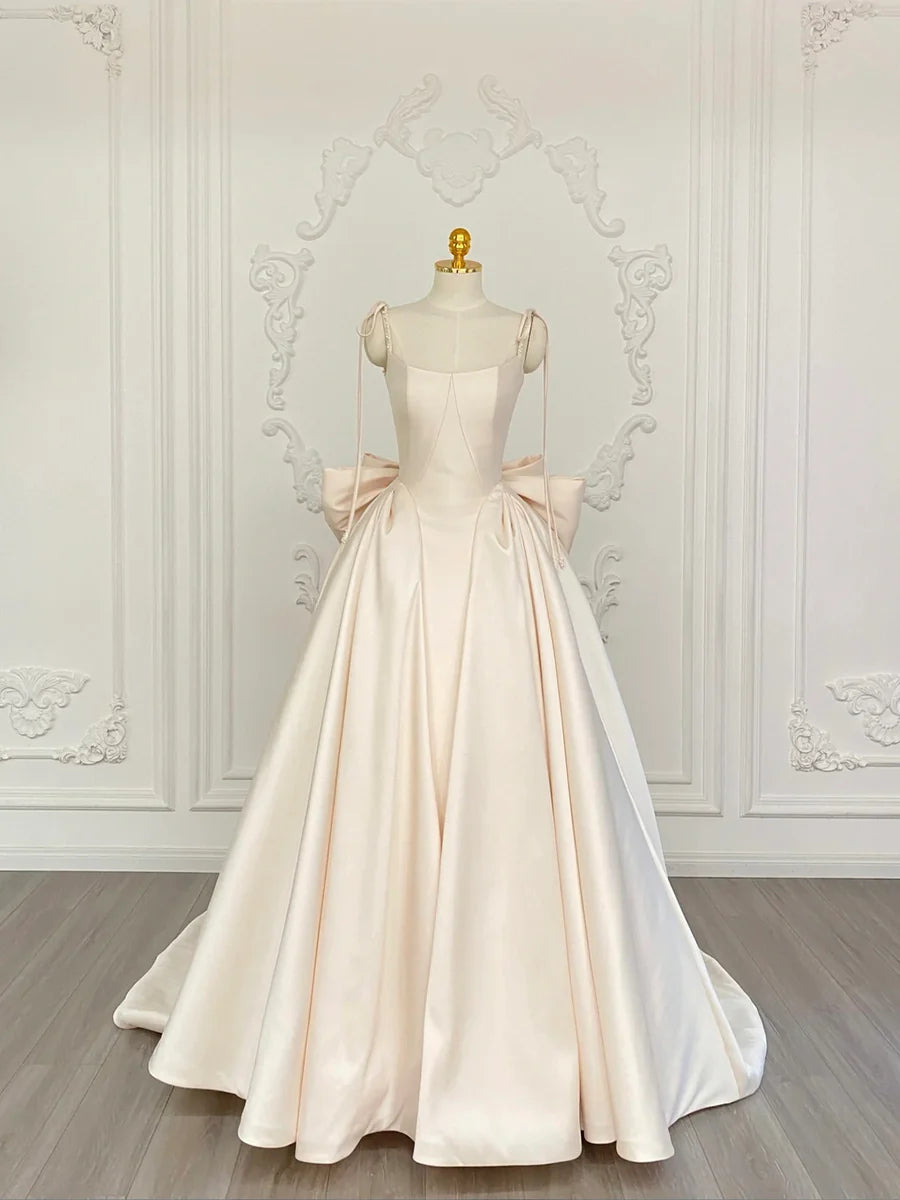 Champagne Spaghetti Strap Satin A-Line Long Prom Dress Formal Evening Dress WIth Bow