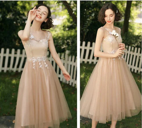 Champagne Tea Length Tulle with Lace Bridesmaid Dress Homecoming Dress Prom Dress