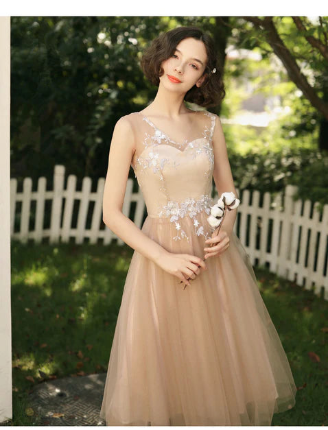 Champagne Tea Length Tulle with Lace Bridesmaid Dress Homecoming Dress Prom Dress