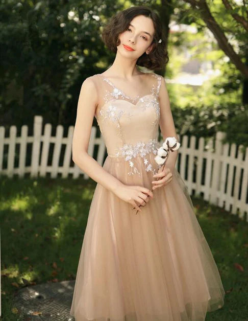 Champagne Tea Length Tulle with Lace Bridesmaid Dress Homecoming Dress Prom Dress