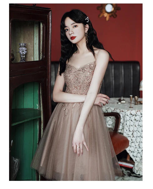 Champagne Tulle Knee Length Sequins With Applique Prom Dress Homecoming Dress