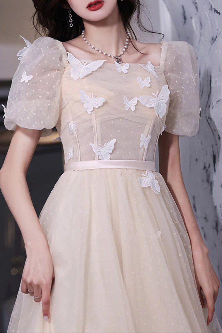 Champagne Tulle Lace Butterfly Short Sleeves BodyCon Short Prom Dresses A-Line Homecoming Dresses