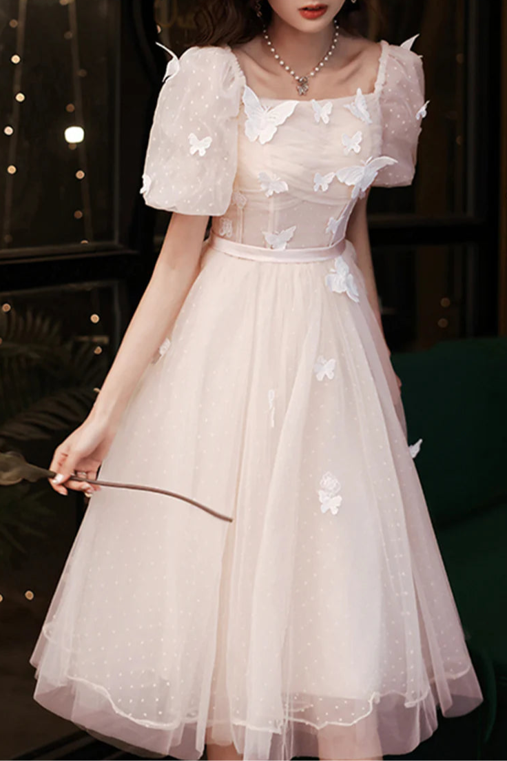 Champagne Tulle Lace Butterfly Short Sleeves BodyCon Short Prom Dresses A-Line Homecoming Dresses