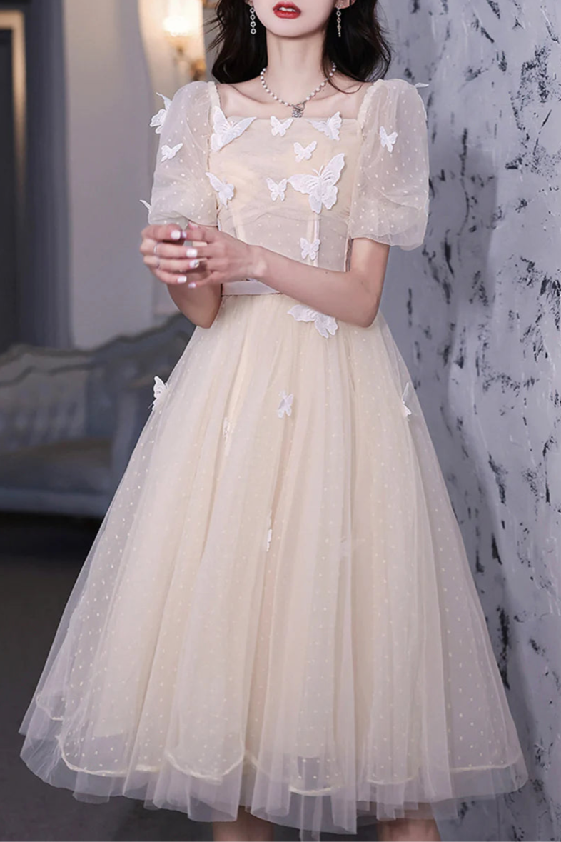 Champagne Tulle Lace Butterfly Short Sleeves BodyCon Short Prom Dresses A-Line Homecoming Dresses