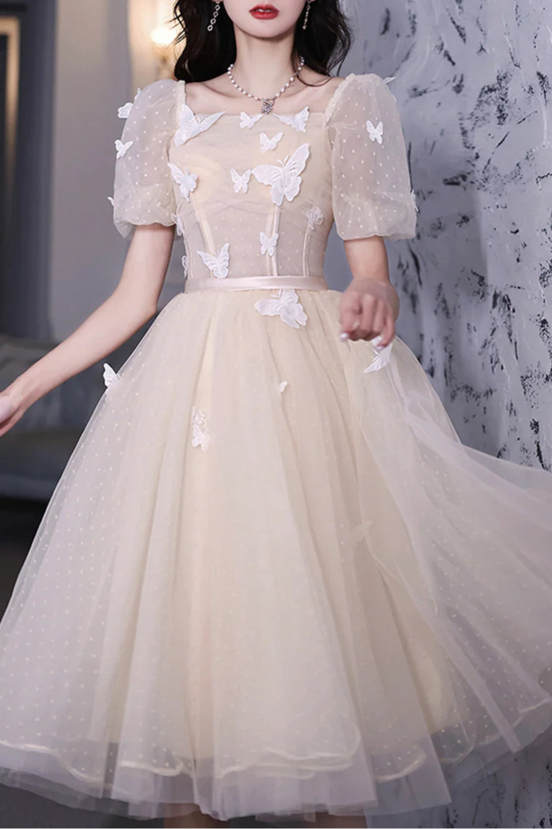 Champagne Tulle Lace Butterfly Short Sleeves BodyCon Short Prom Dresses A-Line Homecoming Dresses