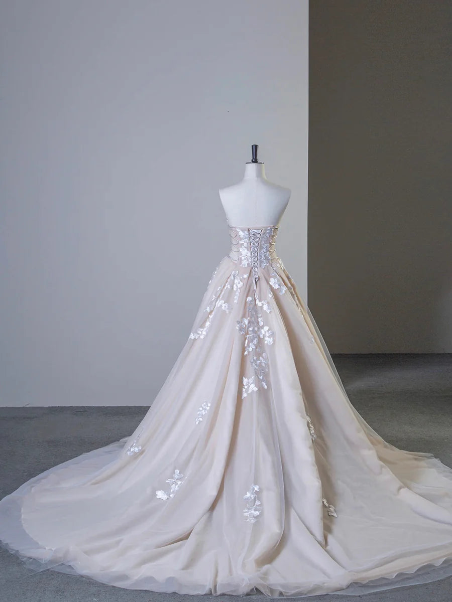 Champagne Tulle Lace Hollow Strapless A-Line Long Prom Dress Wedding Dress