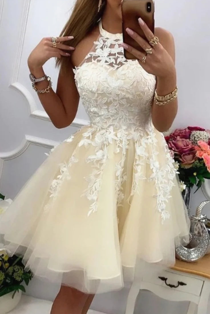 Champagne Tulle Lace With Applique Short Prom Dresses A-Line Zipper Homecoming Dresses