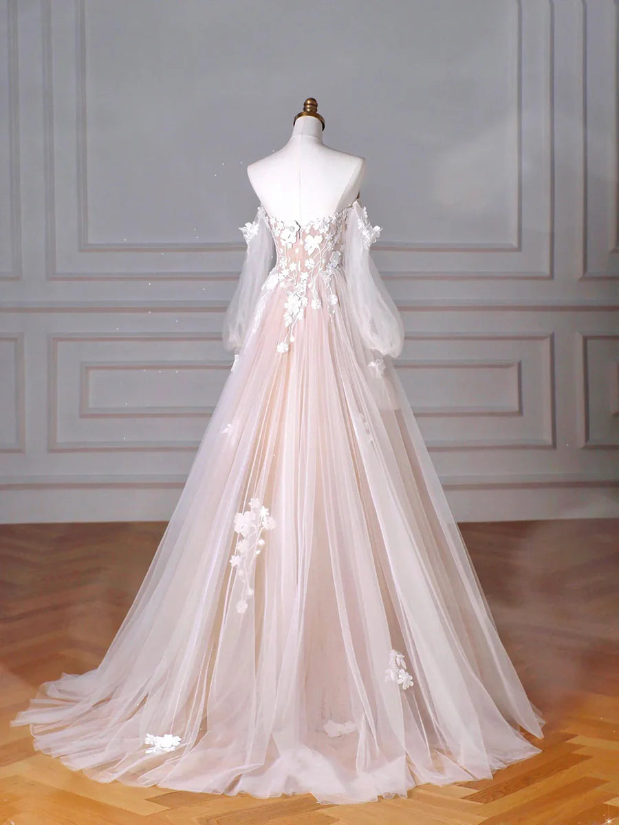 Champagne Tulle Lace With Applique Sweetheart Neck A-Line Long Party Dress