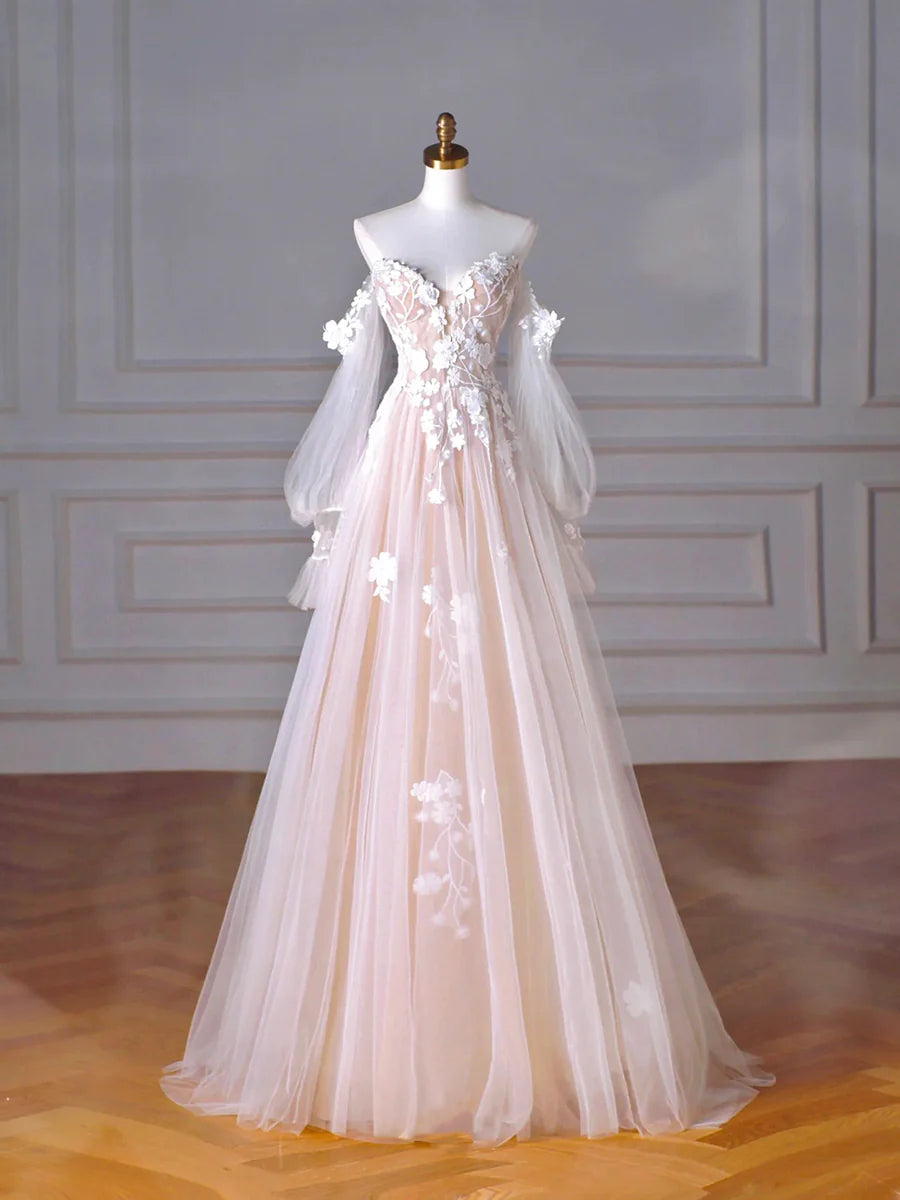 Champagne Tulle Lace With Applique Sweetheart Neck A-Line Long Party Dress