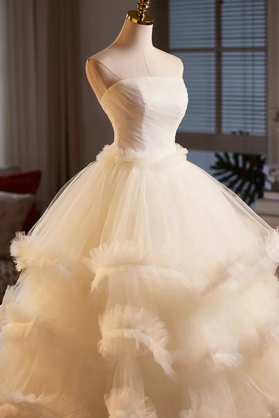 Champagne Tulle Layers Strapless A-Line Long Prom Dress Evening Dress Wedding Dress