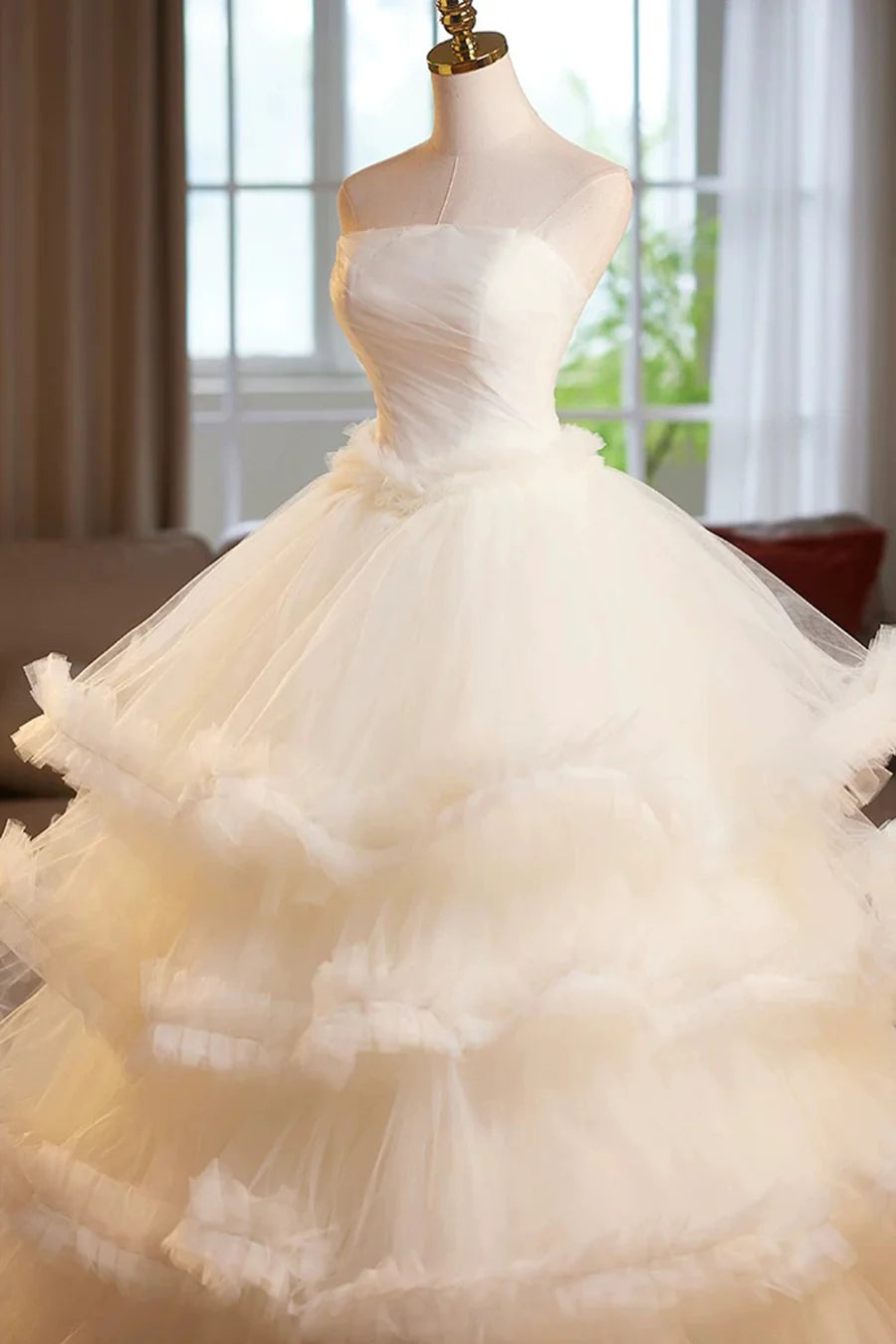 Champagne Tulle Layers Strapless A-Line Long Prom Dress Evening Dress Wedding Dress