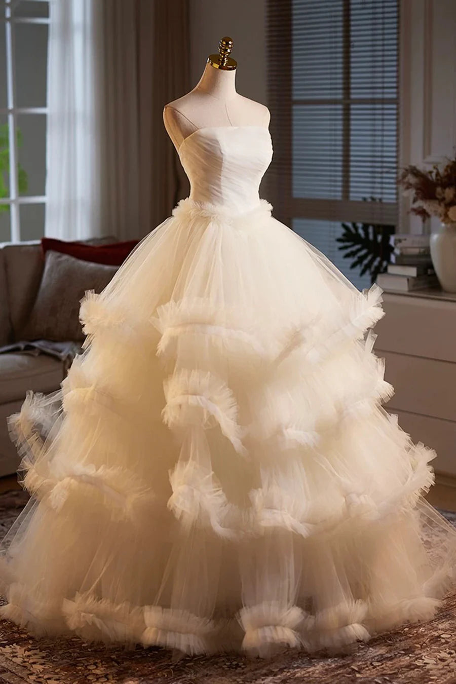 Champagne Tulle Layers Strapless A-Line Long Prom Dress Evening Dress Wedding Dress