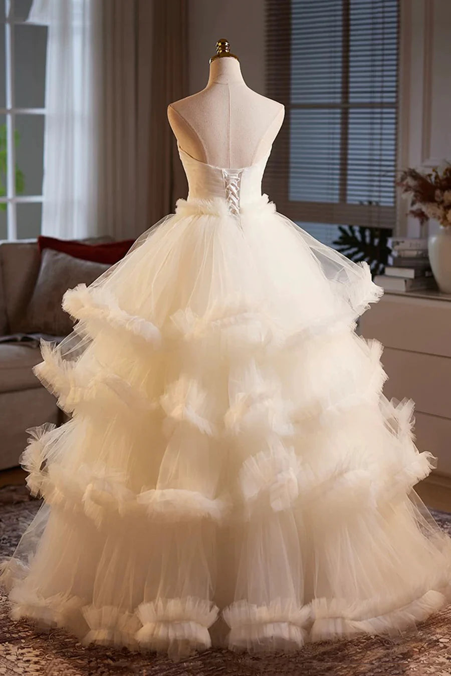 Champagne Tulle Layers Strapless A-Line Long Prom Dress Evening Dress Wedding Dress