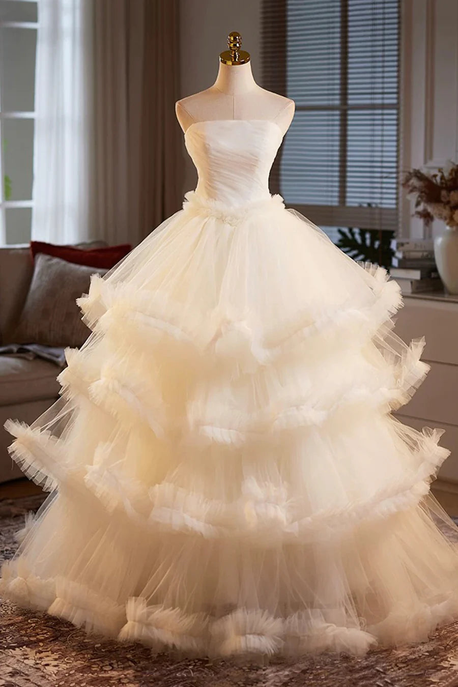 Champagne Tulle Layers Strapless A-Line Long Prom Dress Evening Dress Wedding Dress