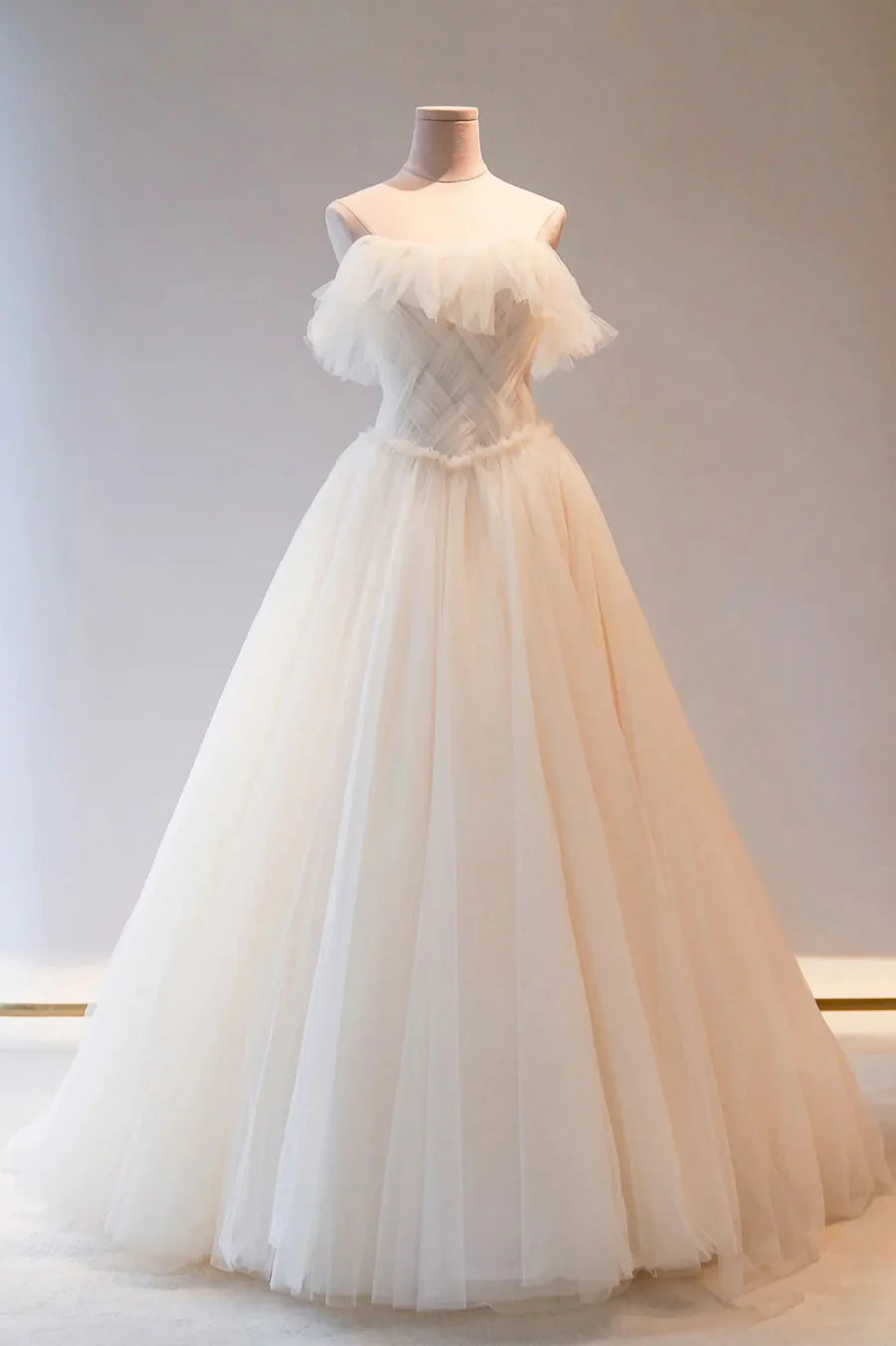 Champagne Tulle Off Shoulder A-Line Long Prom Dress Evening Dress Wedding Dress