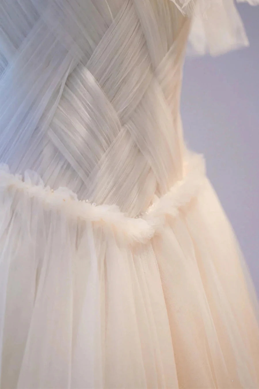 Champagne Tulle Off Shoulder A-Line Long Prom Dress Evening Dress Wedding Dress