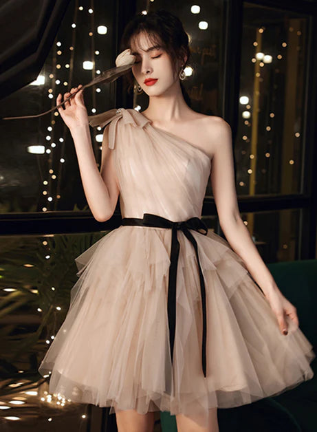 Champagne Tulle One Shoulder With Bow A-line Short Party Dress Short Homecoming Dresses