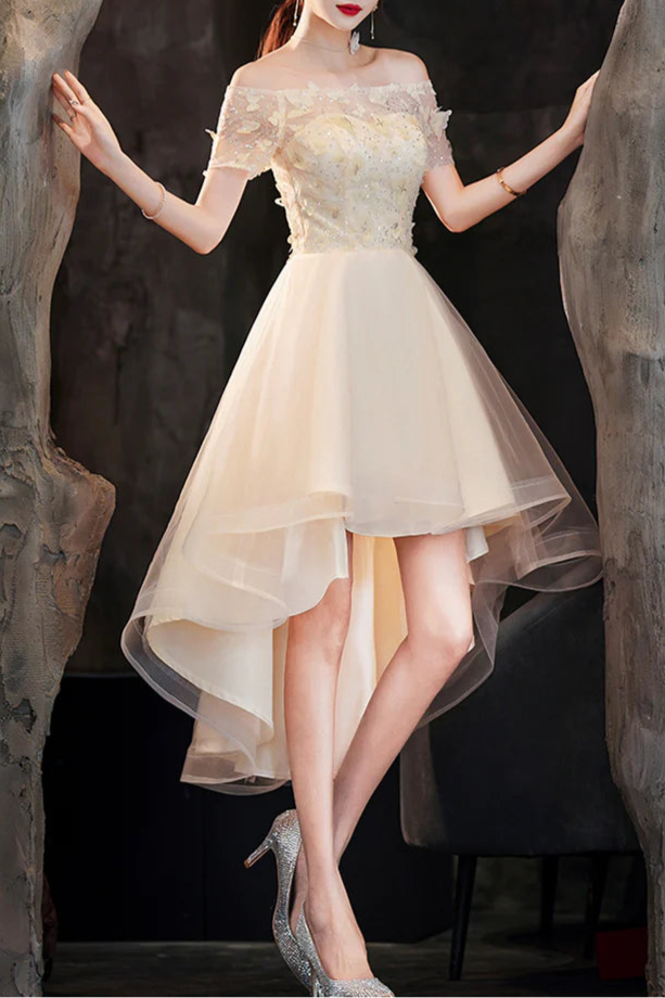 Champagne Tulle Sequins With Applique Strapless High Low Prom Dress A-Line Homecoming Dress