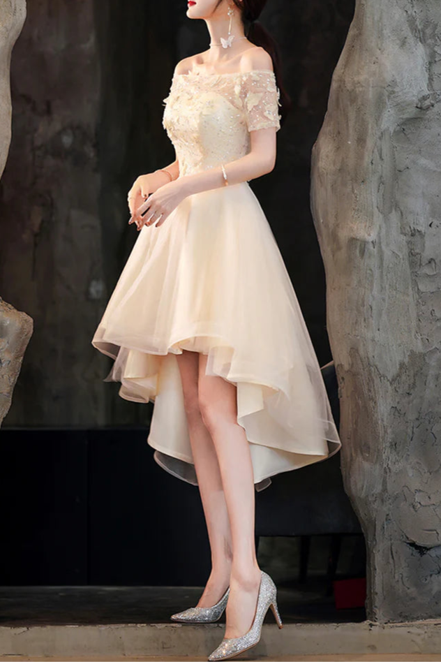 Champagne Tulle Sequins With Applique Strapless High Low Prom Dress A-Line Homecoming Dress