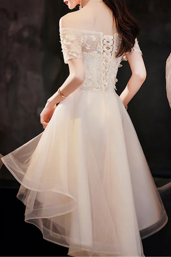 Champagne Tulle Sequins With Applique Strapless High Low Prom Dress A-Line Homecoming Dress