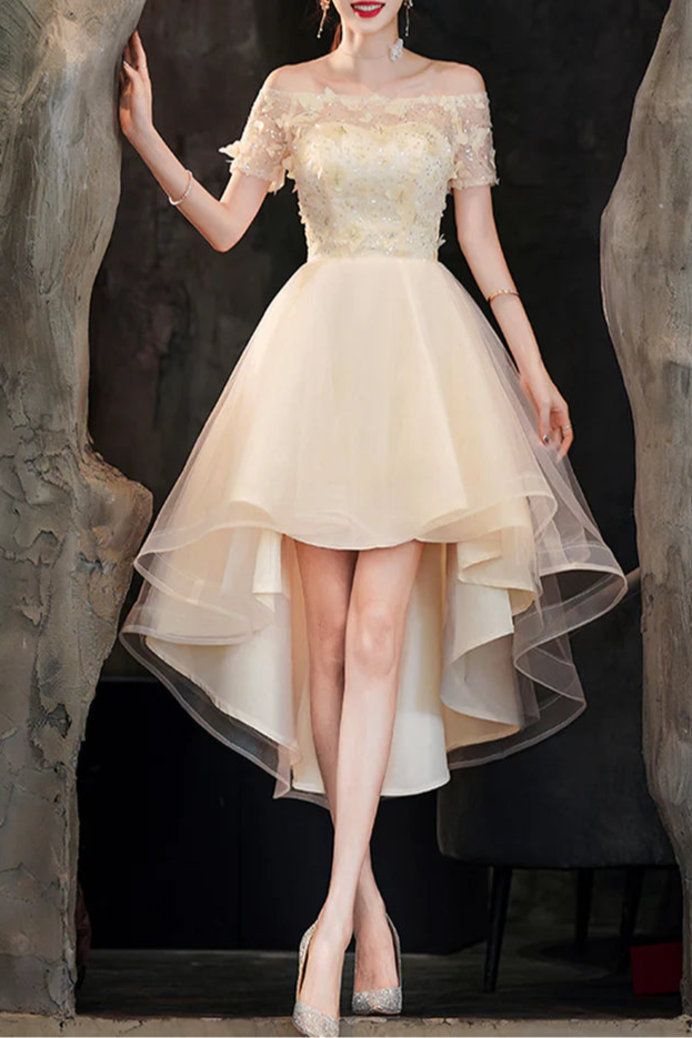 Champagne Tulle Sequins With Applique Strapless High Low Prom Dress A-Line Homecoming Dress