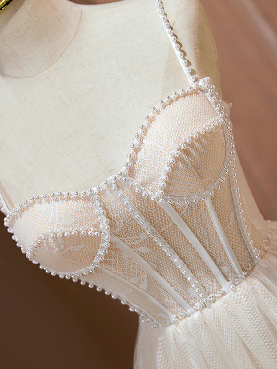 Champagne Tulle Spaghetti Strap Corset Homecoming Party Dress Cute A-Line Evening Dress With Pearls