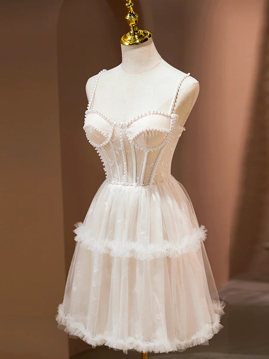 Champagne Tulle Spaghetti Strap Corset Homecoming Party Dress Cute A-Line Evening Dress With Pearls