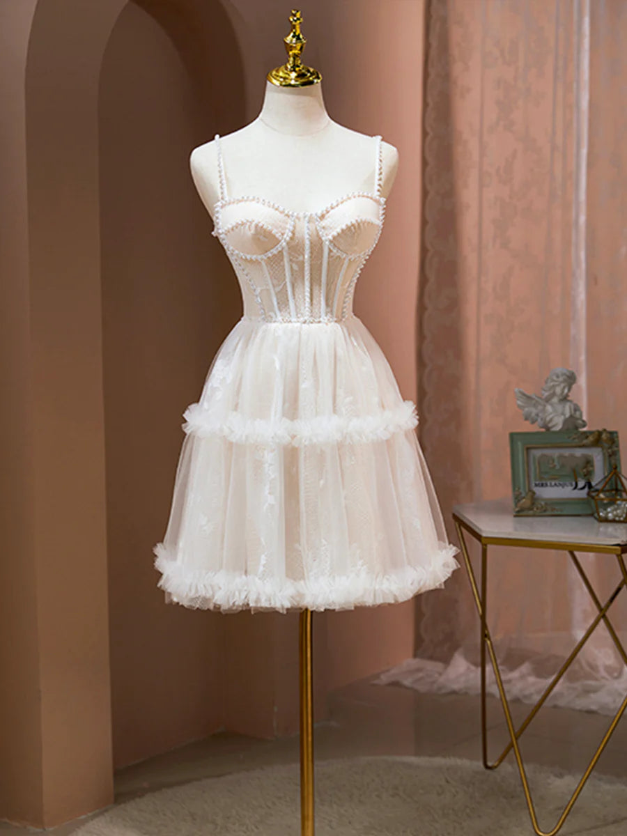 Champagne Tulle Spaghetti Strap Corset Homecoming Party Dress Cute A-Line Evening Dress With Pearls