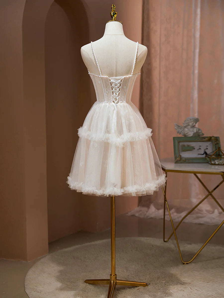 Champagne Tulle Spaghetti Strap Corset Homecoming Party Dress Cute A-Line Evening Dress With Pearls