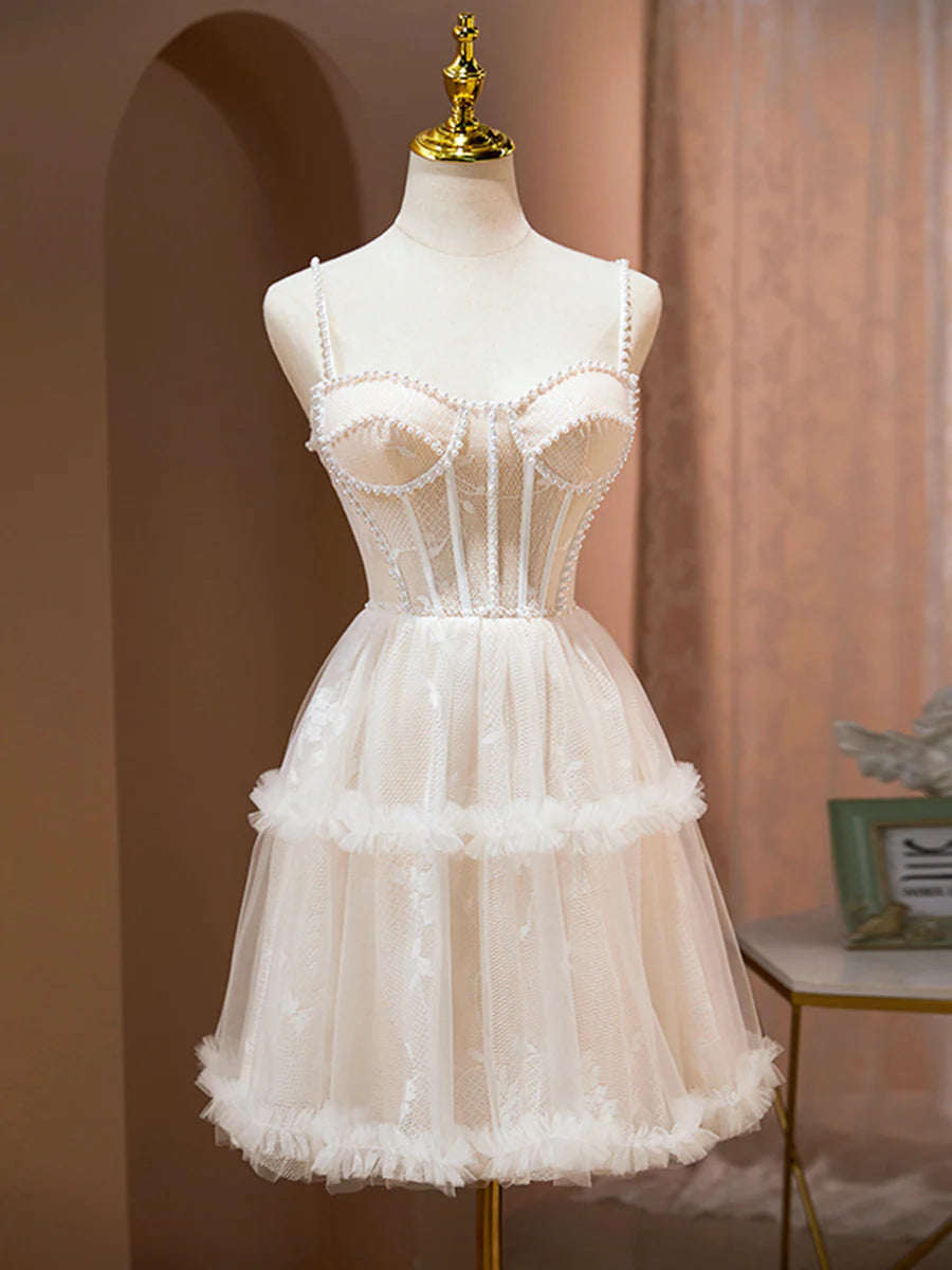 Champagne Tulle Spaghetti Strap Corset Homecoming Party Dress Cute A-Line Evening Dress With Pearls