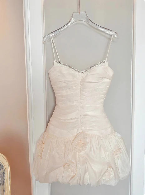 Champagne Tulle Suspender 3D Flower Hip Wrap 17th Birthday Homecoming Dress With Rhinestones