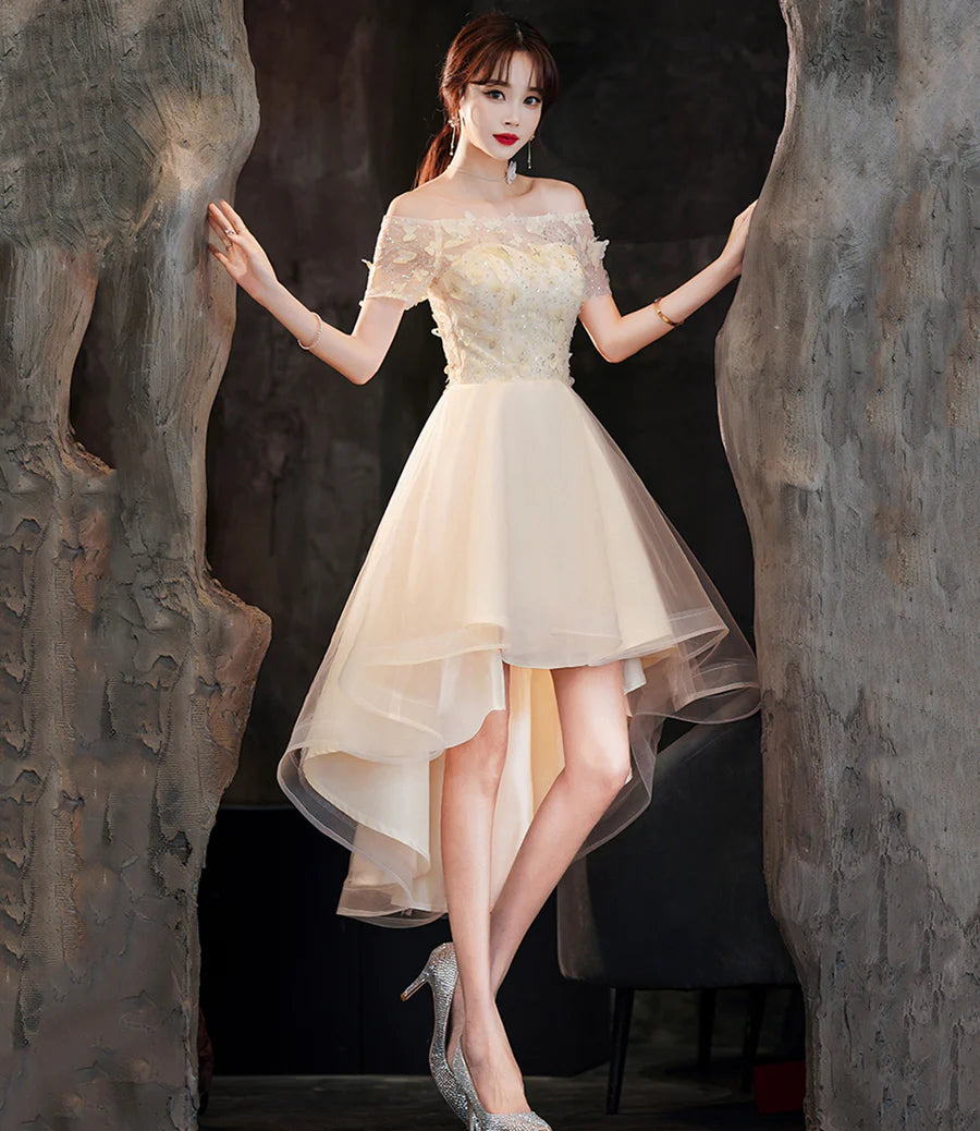 Champagne Tulle With Applique High Low A-Line Prom Dresses Party Dresses