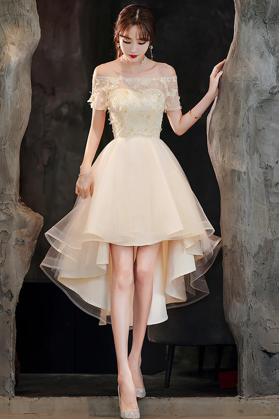 Champagne Tulle With Applique High Low A-Line Prom Dresses Party Dresses