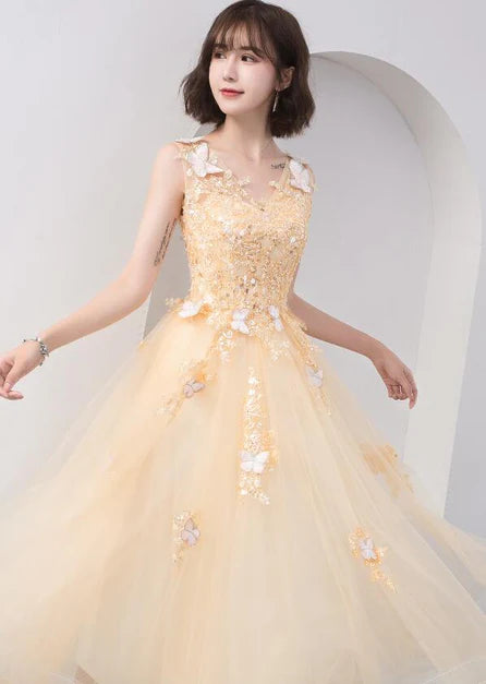 Champagne Tulle With Butterfly Applique Tea Length Party Dress Homecoming Dress