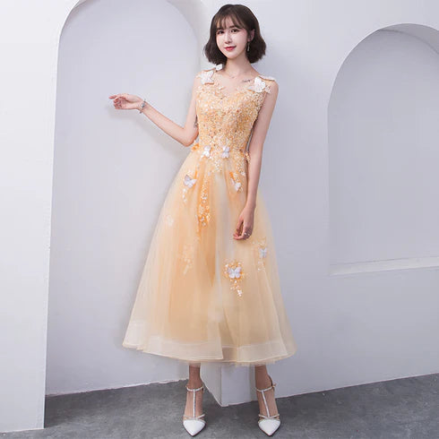 Champagne Tulle With Butterfly Applique Tea Length Party Dress Homecoming Dress