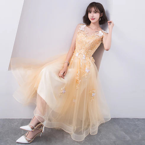 Champagne Tulle With Butterfly Applique Tea Length Party Dress Homecoming Dress