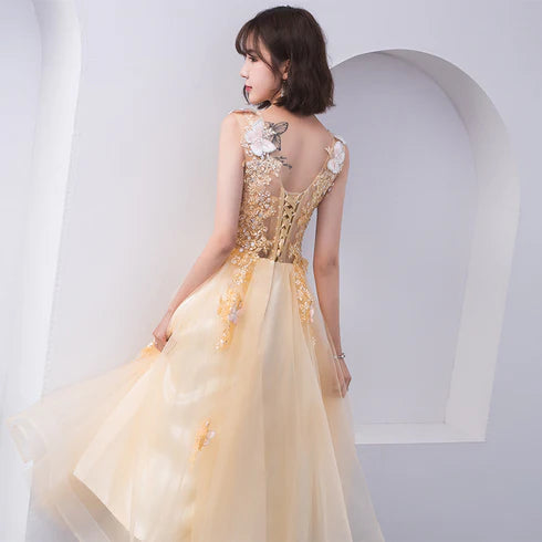 Champagne Tulle With Butterfly Applique Tea Length Party Dress Homecoming Dress