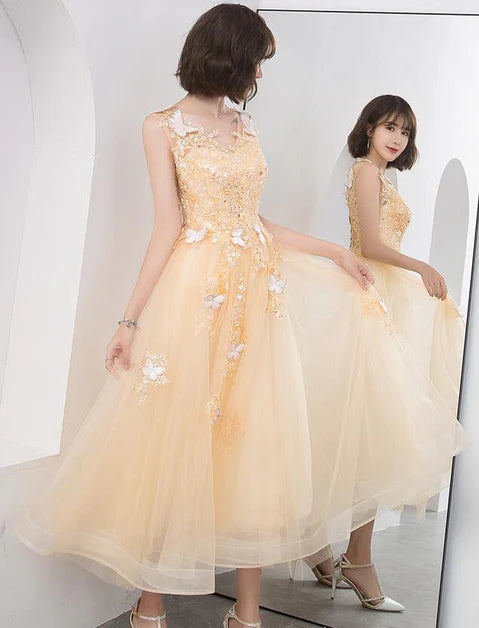 Champagne Tulle With Butterfly Applique Tea Length Party Dress Homecoming Dress