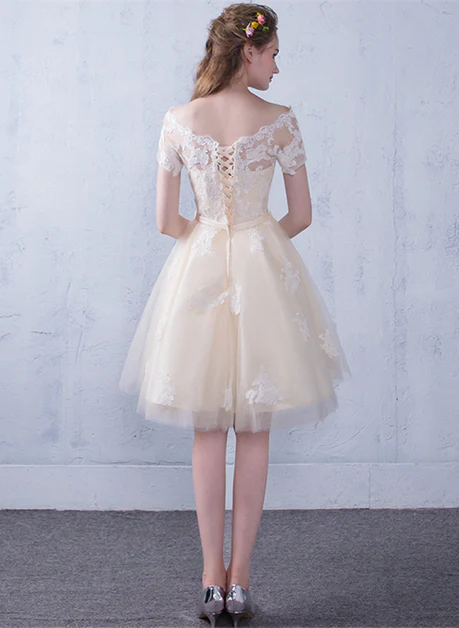 Champagne Tulle with Lace A-line Short Party Dress Homecoming Dress
