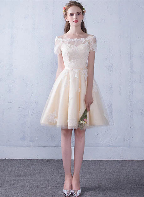 Champagne Tulle with Lace A-line Short Party Dress Homecoming Dress