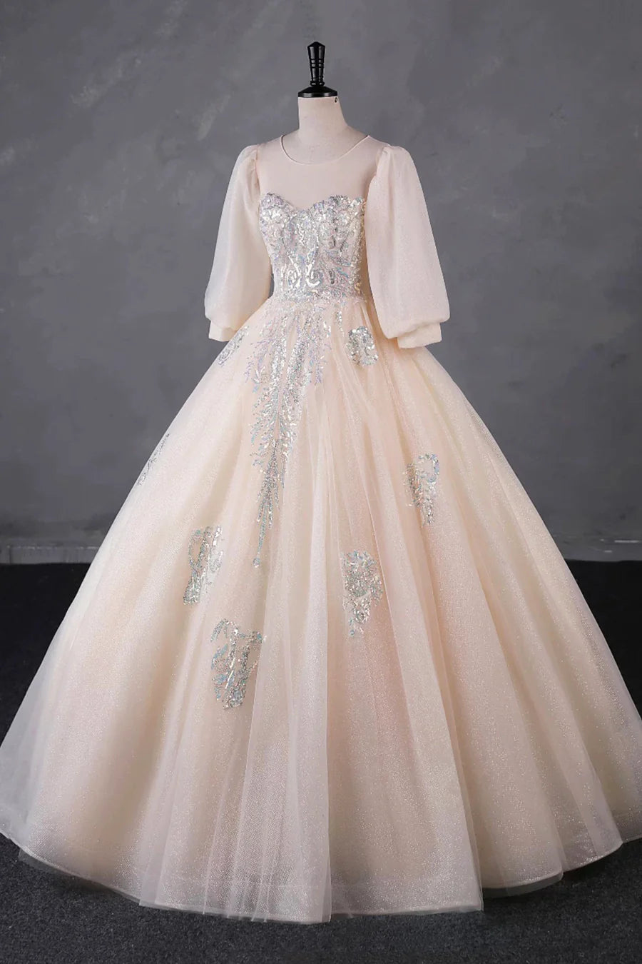 Champagne Tulle Sequins Floor length Long Prom Dress A-Line Long Sleeve Evening Party Dress